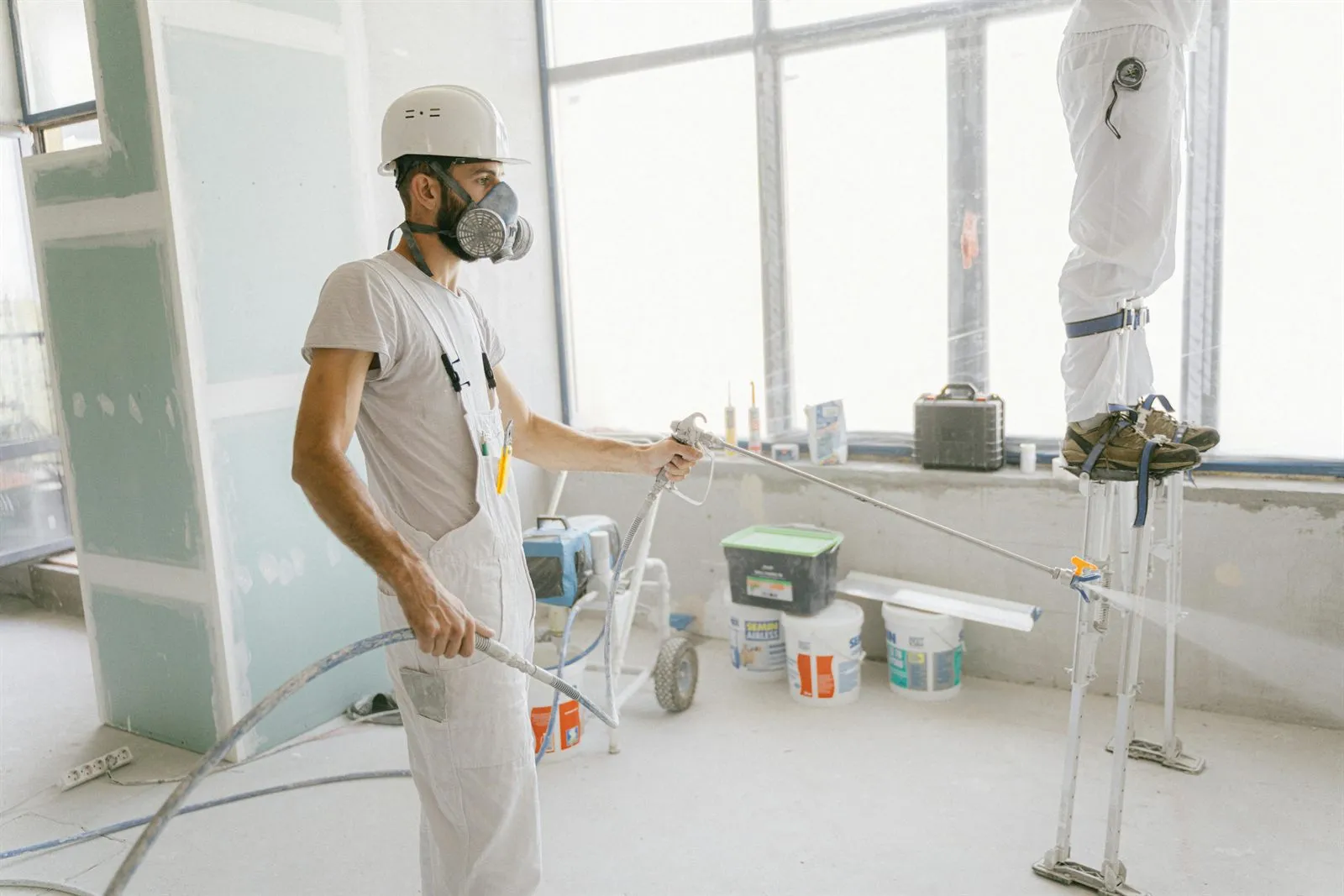 Interior room prepared for painting with floors protected